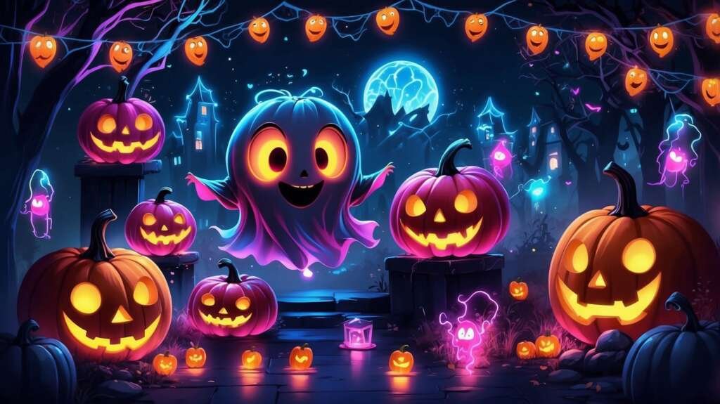 Neon style cute glowing ghost wallpaper with big eyes and purple background
