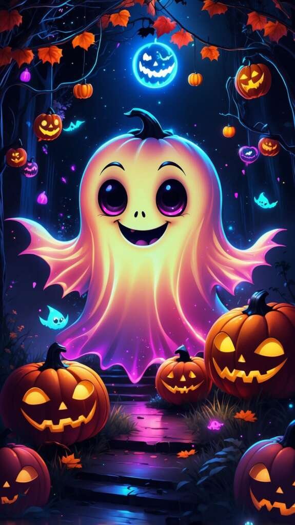 Neon style glowing ghost with big eyes, mobile wallpaper