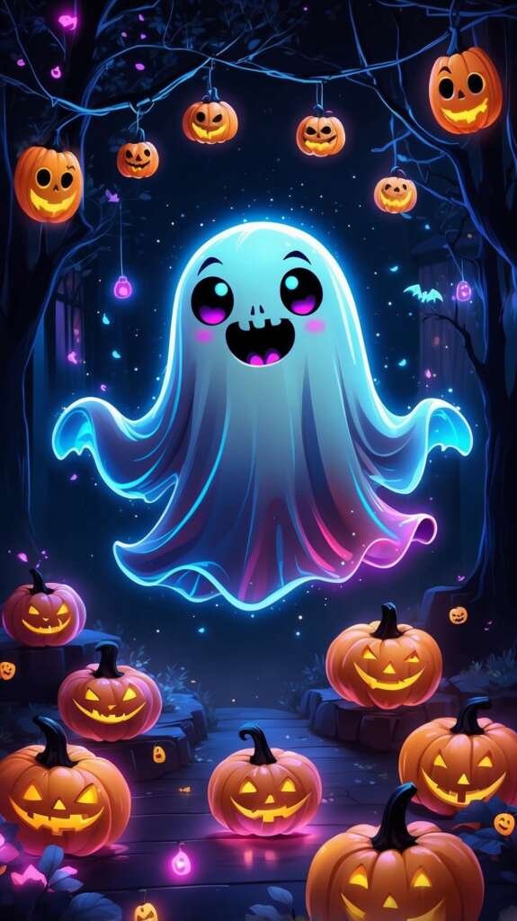 Vertical wallpaper with a cute neon glowing ghost