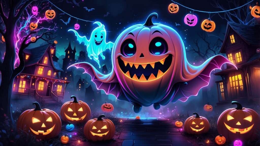 Desktop wallpaper with a cute neon glowing ghost and a star pattern