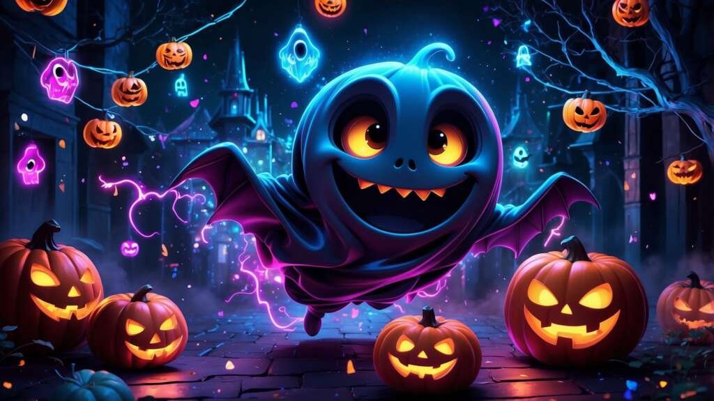 Horizontal neon glowing ghost background for desktop