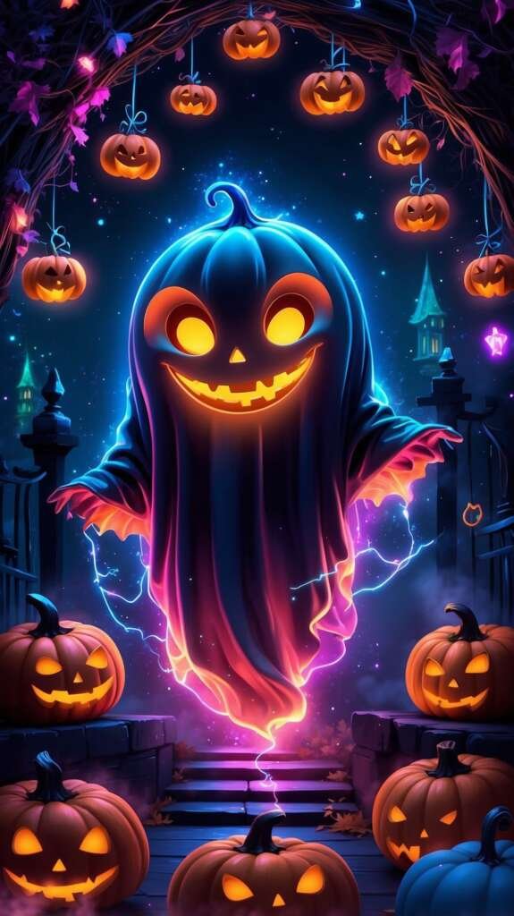 Cute ghost wallpaper for mobile in neon style
