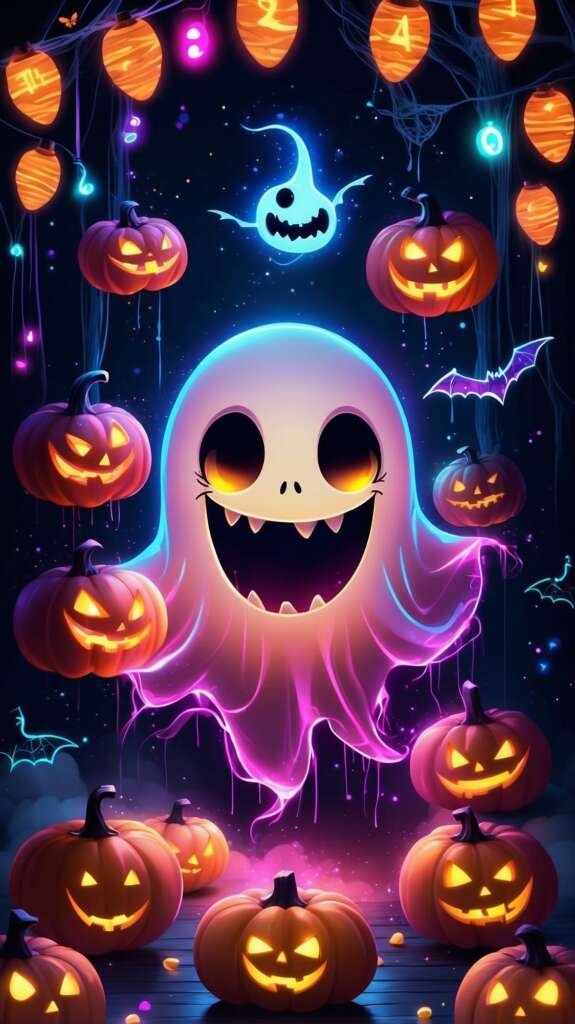 Vertical neon glowing ghost wallpaper for phone