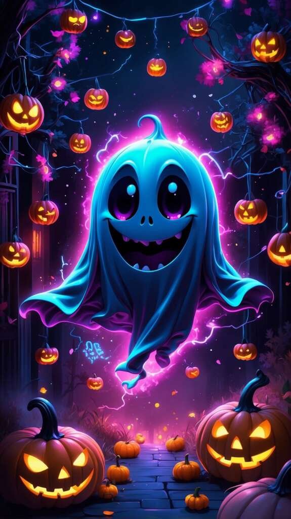 Vertical cute neon ghost wallpaper for Android or iPhone
