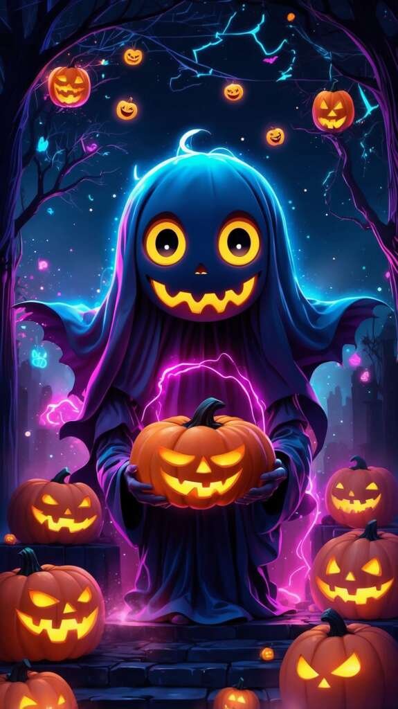 Mobile wallpaper of a neon style glowing cute ghost