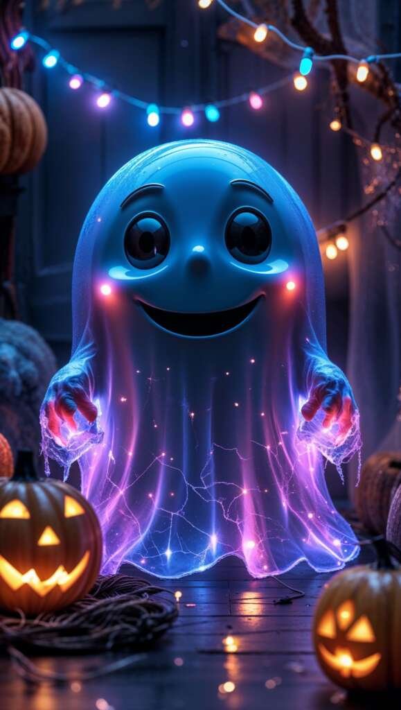 Cute halloween wallpaper, vertical, glowing ghost