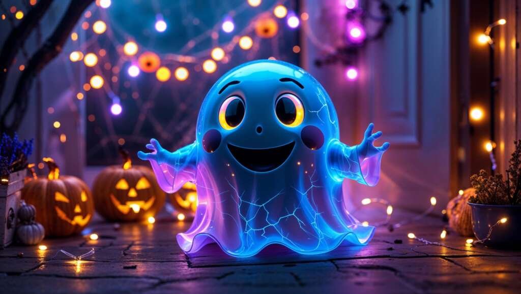 Desktop background of a cute glowing ghost smiling