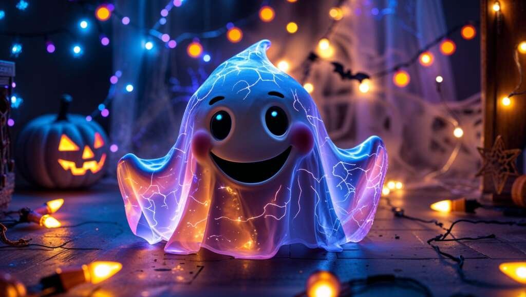 Horizontal Halloween wallpaper with a glowing ghost