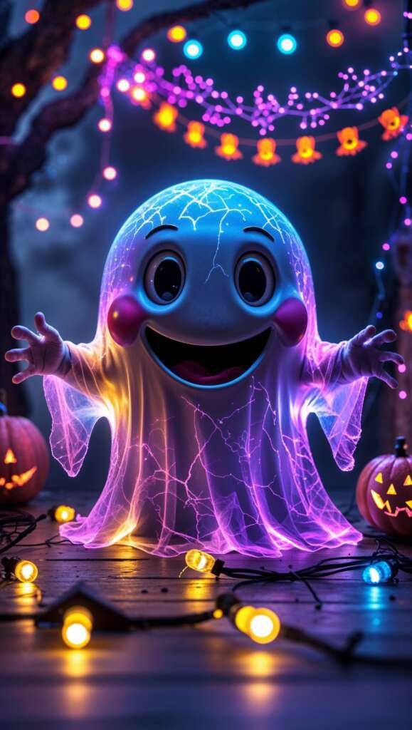 Vertical cute halloween wallpaper of a glowing ghost