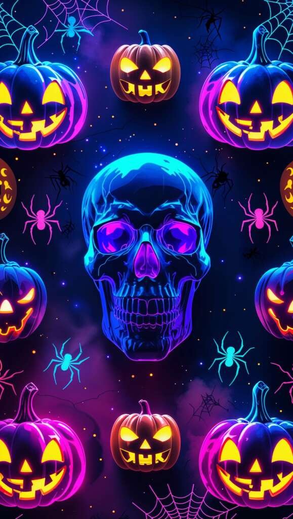 Vertical neon Halloween wallpaper with cute skull motif