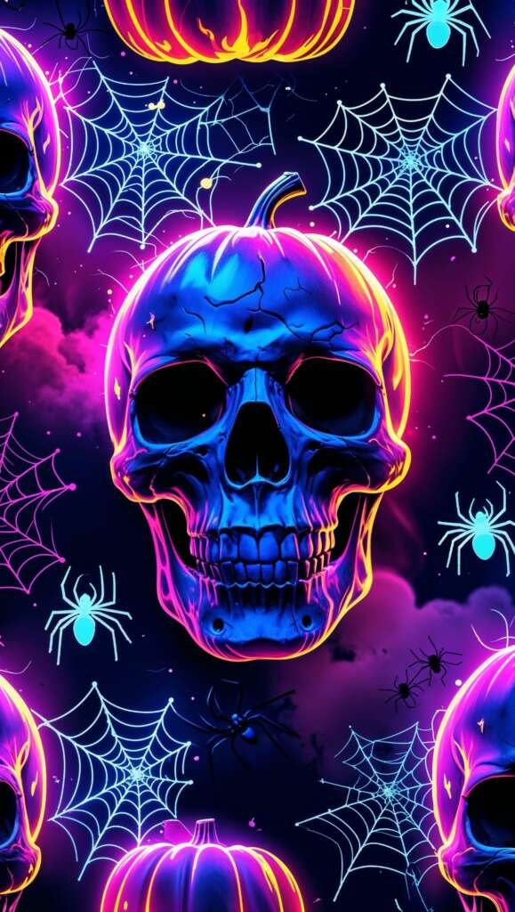 Vibrant neon skull and pumpkin Halloween wallpaper, phone size