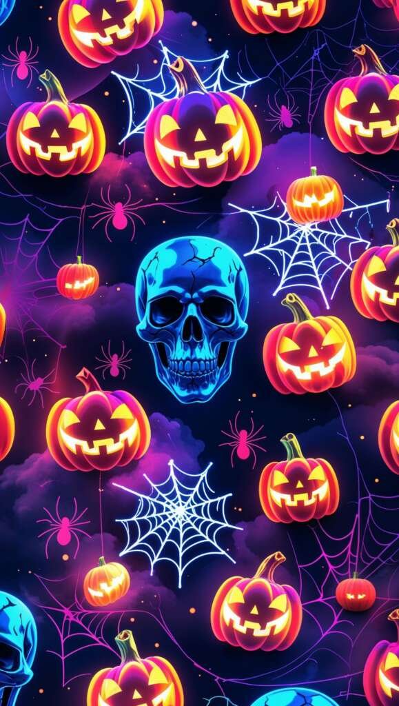 Pink neon cute skull Halloween background