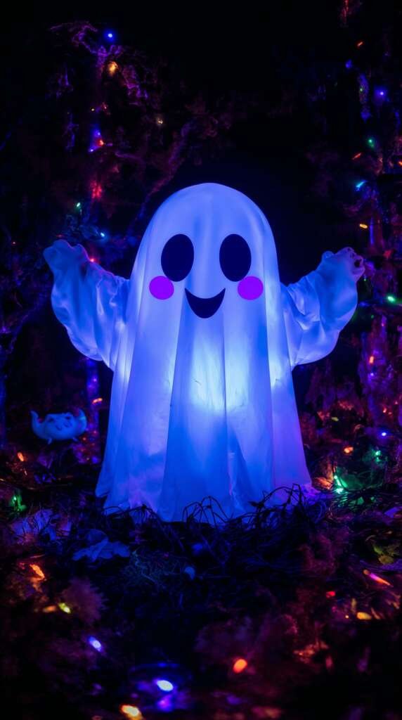 Mobile wallpaper of a cute happy glowing ghost