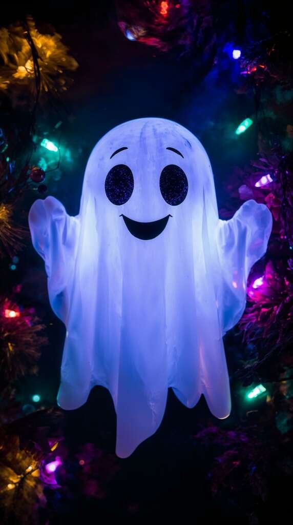 Happy cute glowing ghost phone wallpaper in lucid realism style