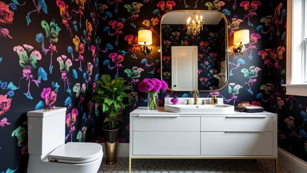 Stylish bathroom wallpaper with black geometric pattern