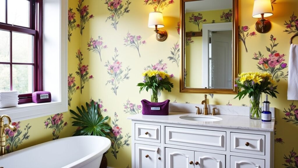 Elegant light yellow bathroom wallpaper design