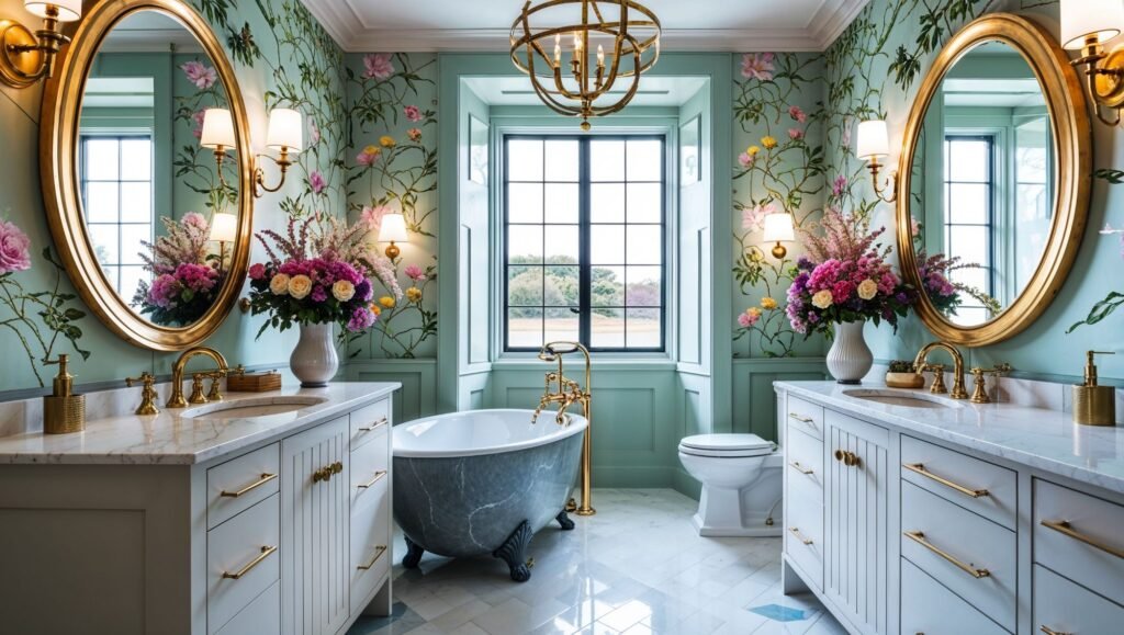 Light green and gray luxury bathroom wallpaper