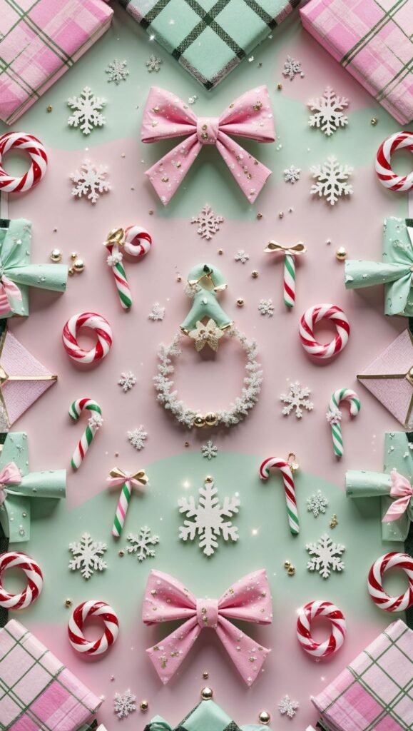Chic pink and red plaid preppy Christmas wallpaper, free download for iPhone.