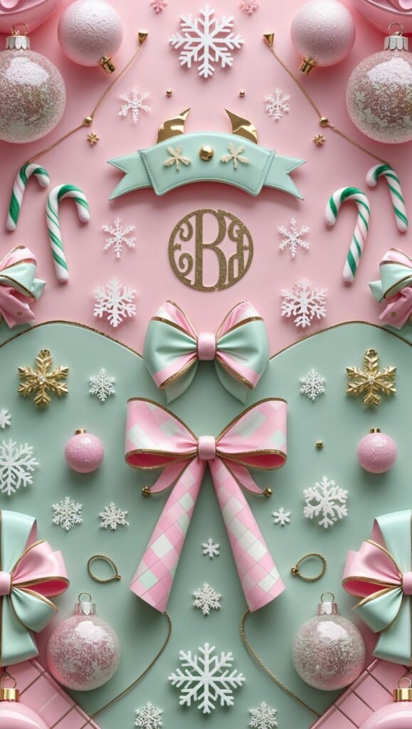 Festive wallpaper pattern of green and pink holiday bows for mobile background.