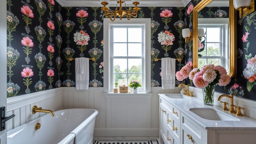 Modern black patterned wallpaper for bathroom remodel