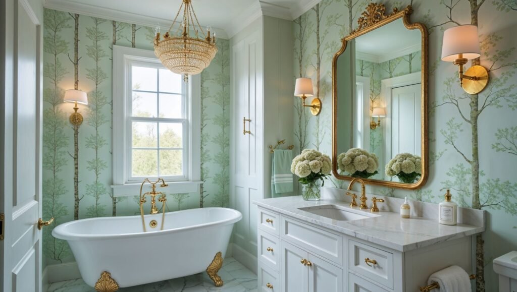 Elegant light gray bathroom wallpaper with unique texture
