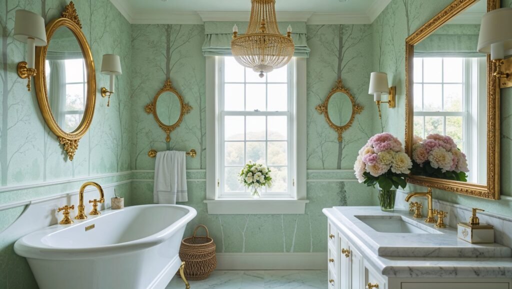 Light green and white bathroom wallpaper for design ideas