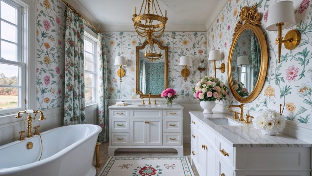 Elegant white bathroom wallpaper with mirror accents