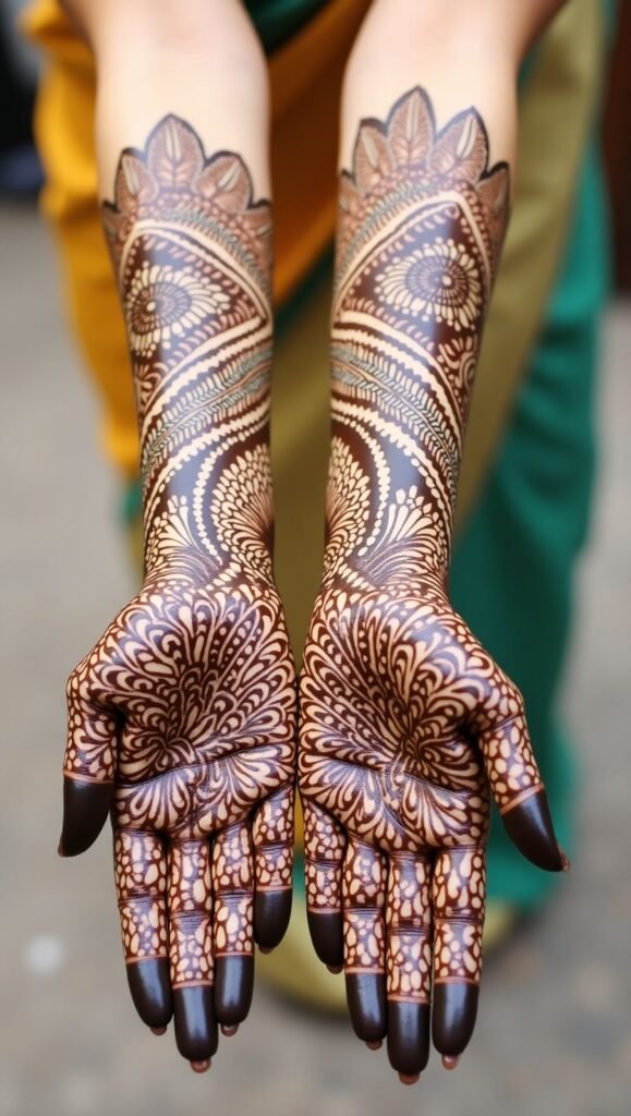 Bridal henna design with dense floral motifs