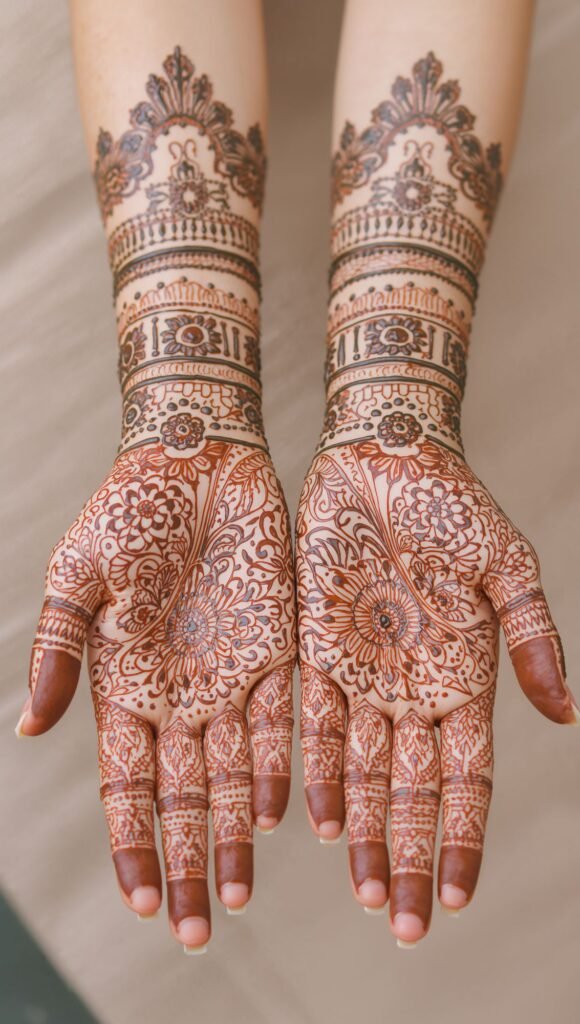 Intricate floral henna hand art