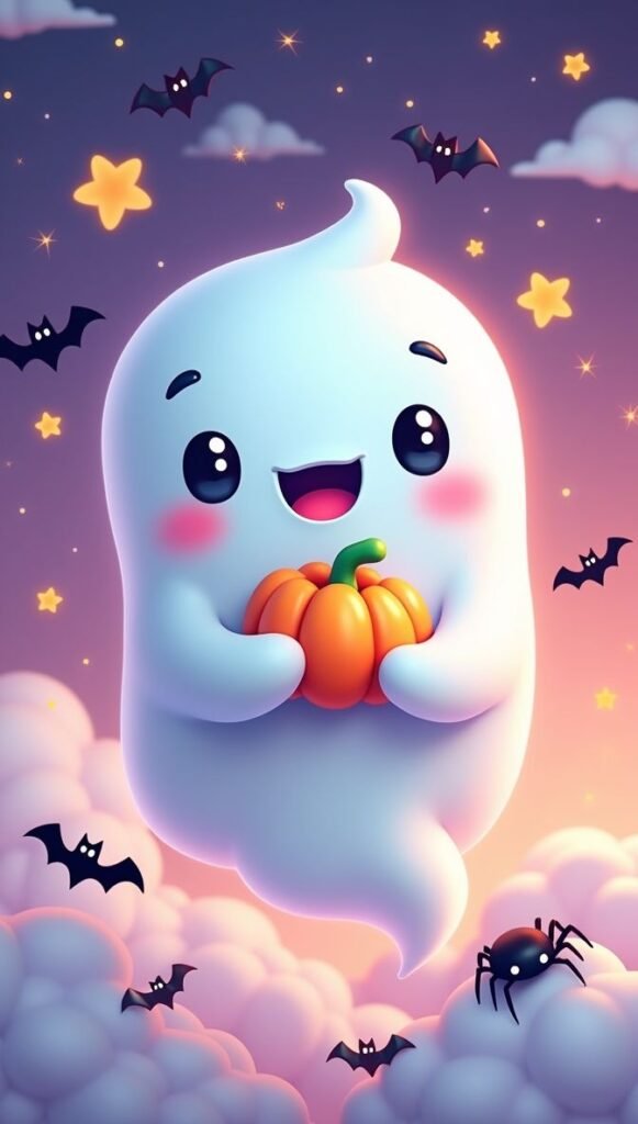 Cute Kawaii Halloween Wallpaper HD of a happy ghost holding a tiny pumpkin, perfect for iPhone and Android.
