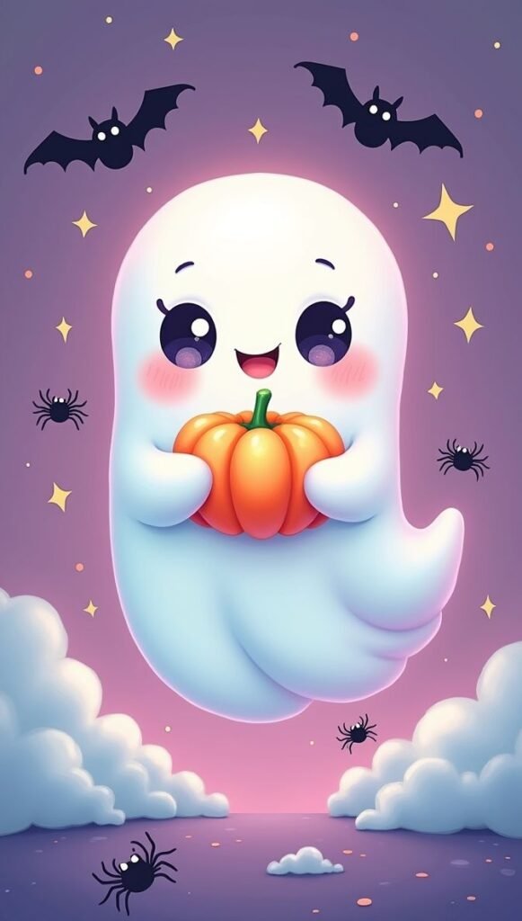 Cute Kawaii Halloween Wallpaper HD of a happy ghost holding a tiny pumpkin, perfect for iPhone and Android.