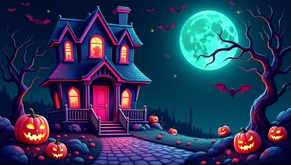 Wide screen cute Halloween wallpaper of a neon haunted house illustration