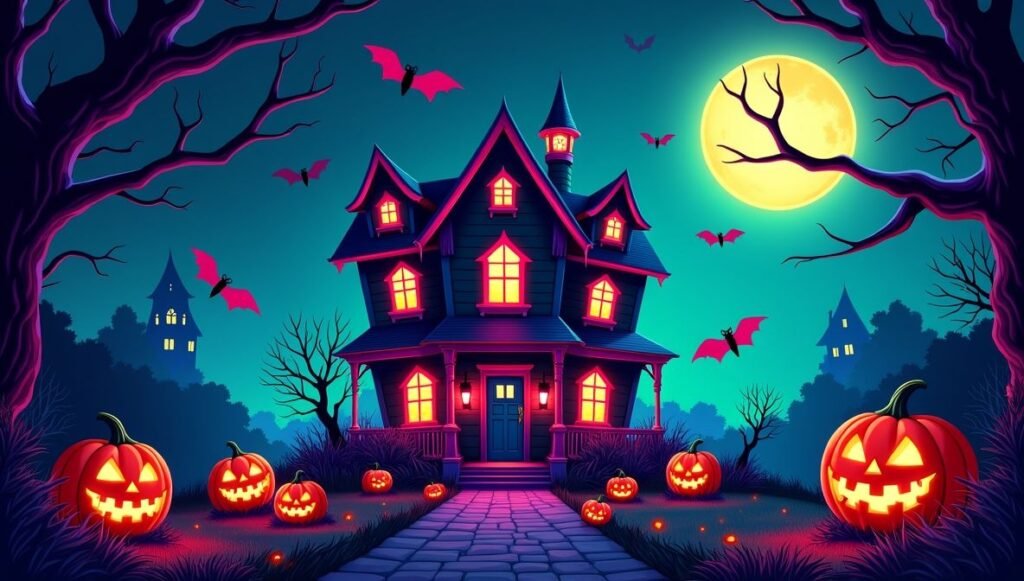 Wide screen cute Halloween wallpaper of a vibrant haunted house illustration