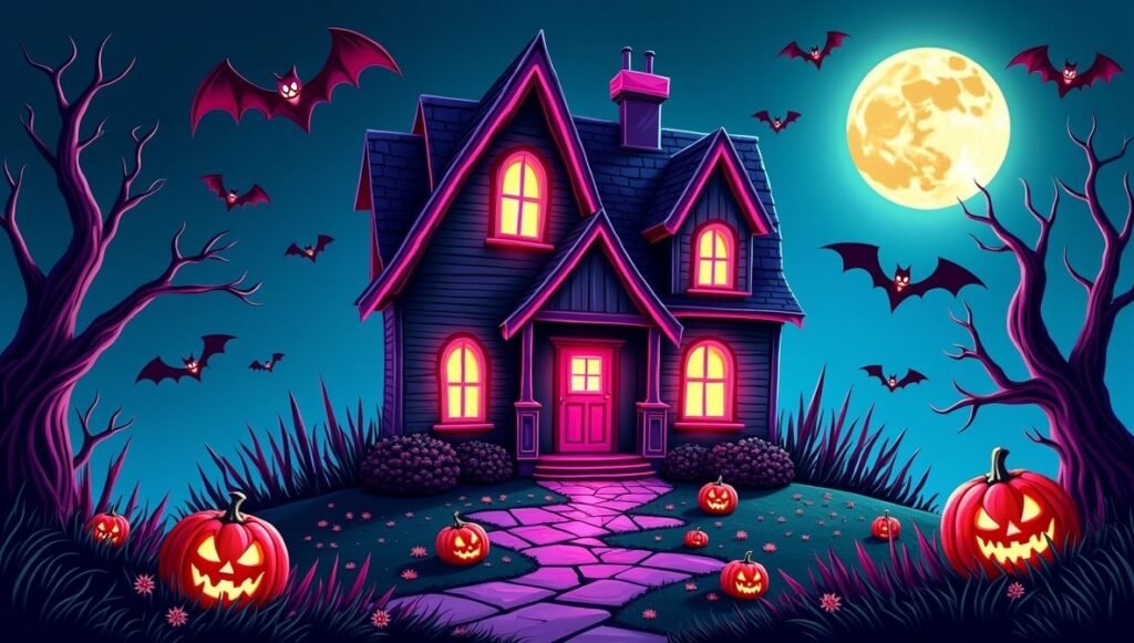 Wide screen cute Halloween wallpaper of a spooky neon haunted house