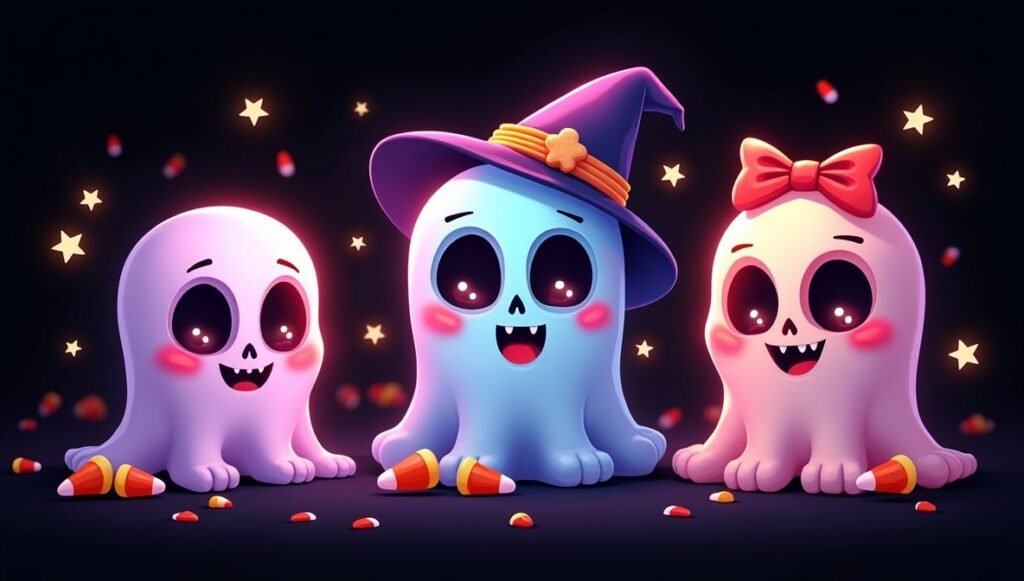 Desktop wallpaper with multiple cute neon-style Halloween skulls