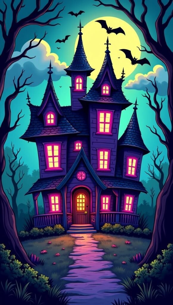 Cute Halloween wallpaper of a whimsical haunted house illustration for mobile