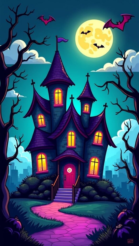 Cute Halloween wallpaper of a whimsical haunted house illustration for phone