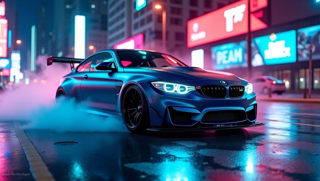 Flux Dev street racing BMW M4 with sleek matte black finish in 4K