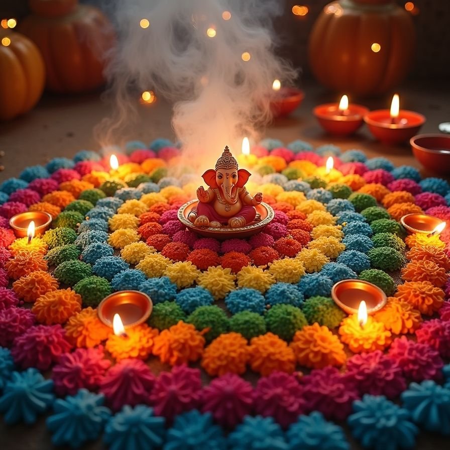 vibrant rangoli design with ganesh motif