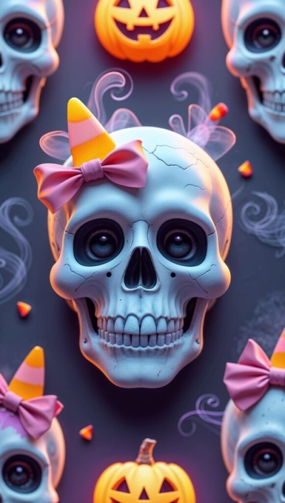 Kawaii skull wallpaper with purple neon effect, mobile size