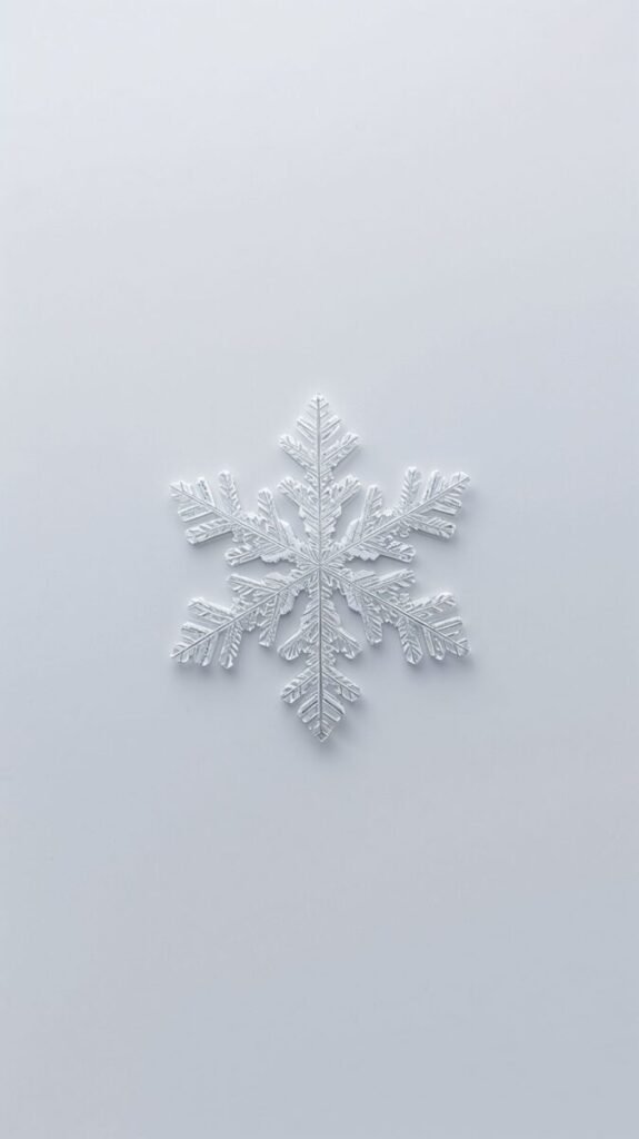 Minimalist aesthetic wallpaper of a single snowflake on a white background, perfect for desktop or Android.