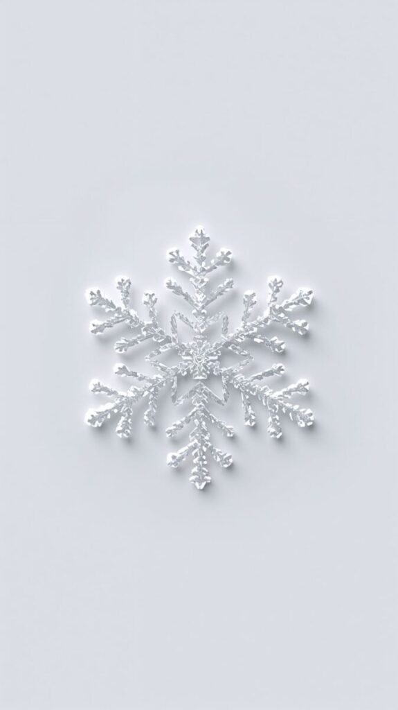 Minimalist aesthetic wallpaper of a single snowflake on a white background, perfect for desktop or Android.