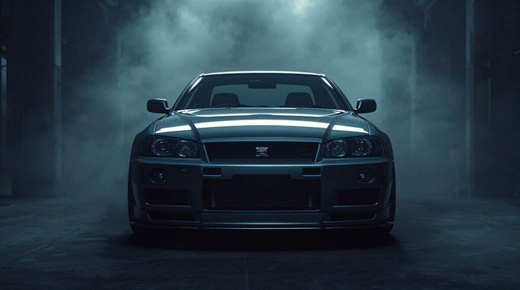 Hyperrealistic front view of a black Skyline GTR R34