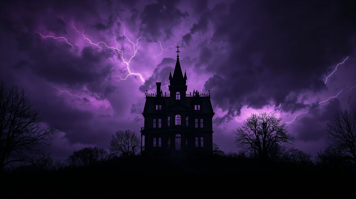Dark aesthetic Halloween wallpaper for desktop featuring a minimalist haunted house silhouette.