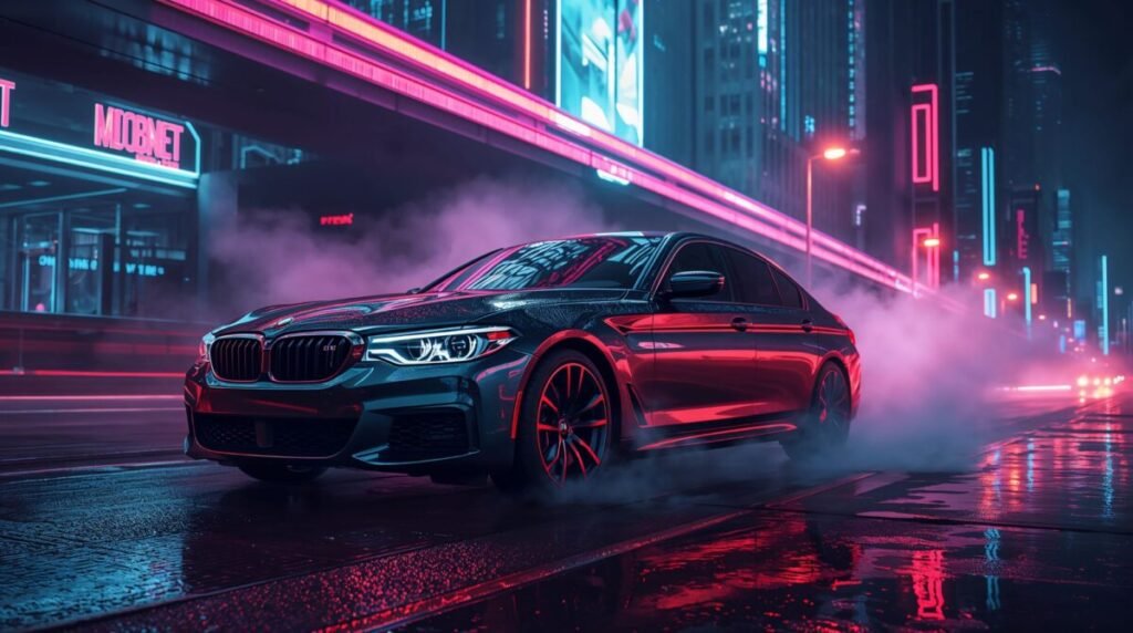 High-definition BMW car wallpaper showcasing metallic paint and ground reflection