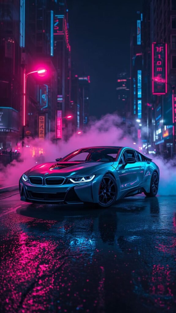 Detailed shot of a sleek BMW with glowing blue accents for a high-quality wallpaper