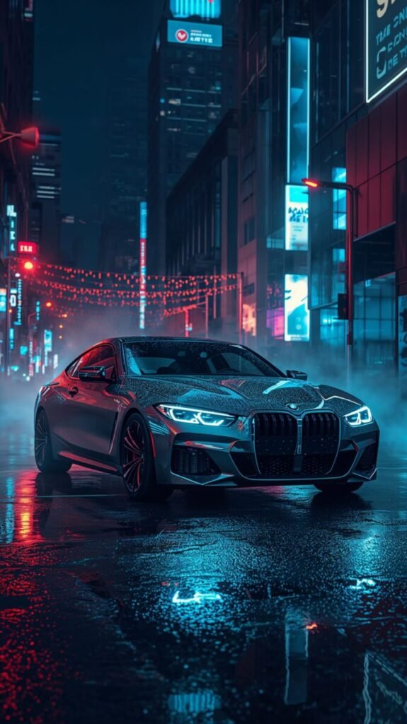 Vertical BMW car wallpaper with glowing blue accents and metallic finish