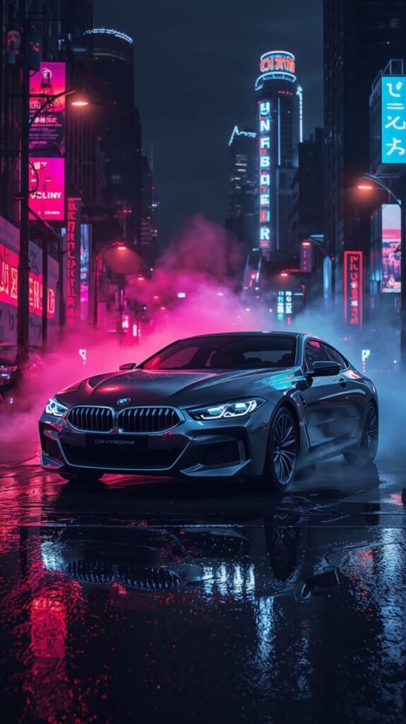 Vertical mobile wallpaper of a BMW with aggressive blue neon light accents