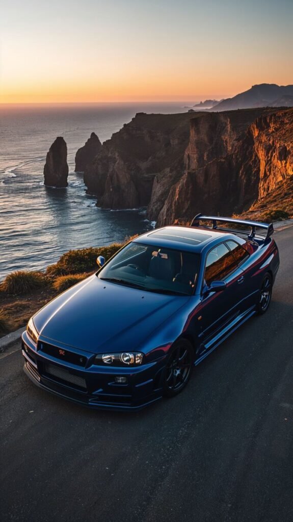 Sleek classic blue Nissan Skyline GTR R34 parked mobile wallpaper