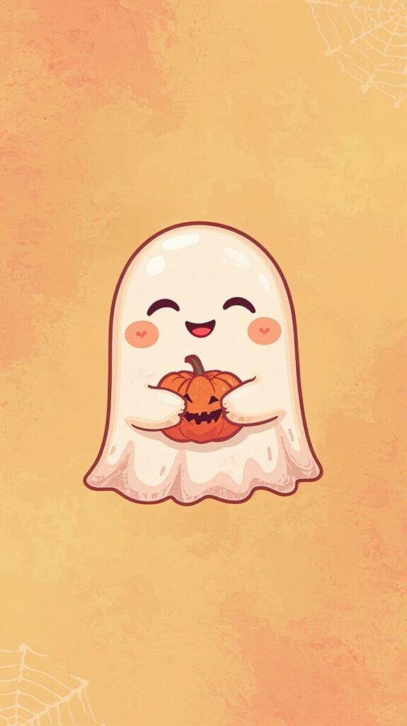 Cute Kawaii Halloween Wallpaper HD of a happy ghost holding a tiny pumpkin, perfect for iPhone and Android.